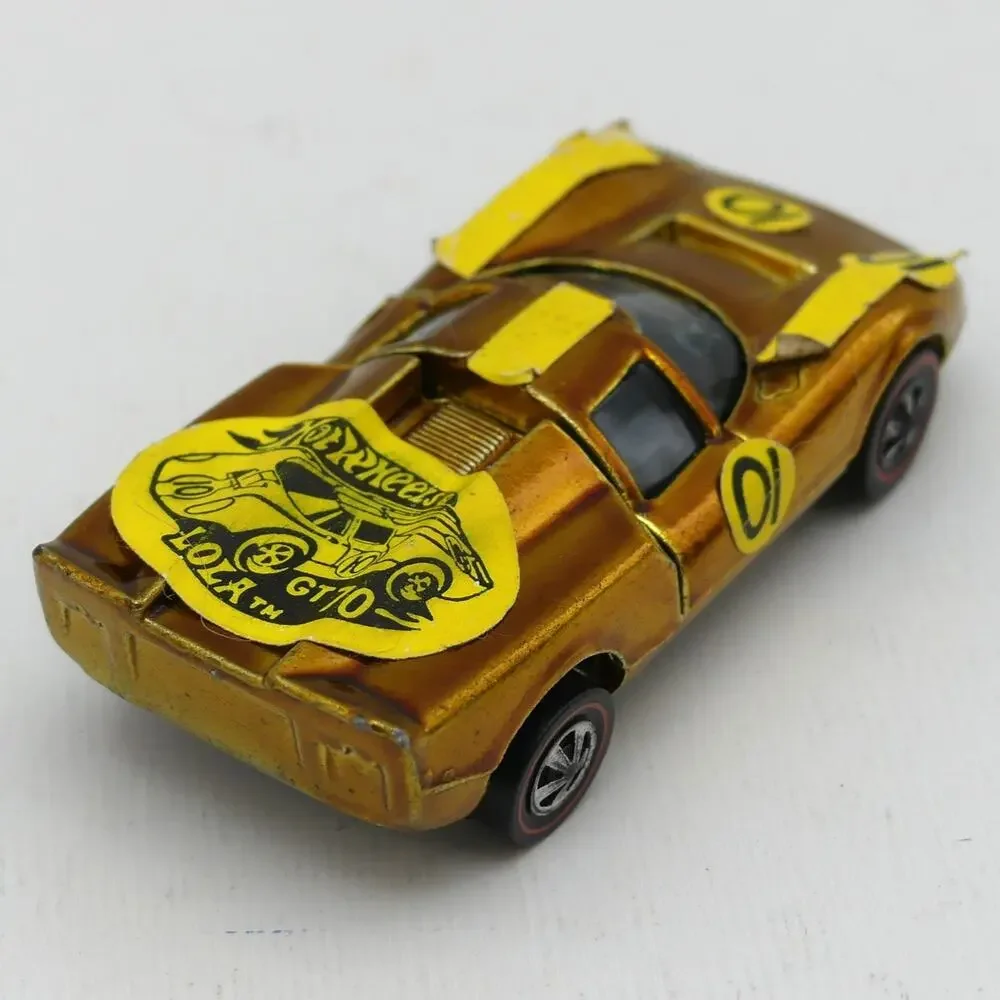VTG 1968 Mattel Hot Wheels Lola GT-70 Gold Redline Diecast Car w/ Sticker